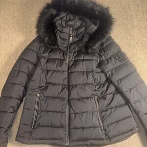 DKNY Women’s Quilted Puffer Coat Fur Hood Black XL